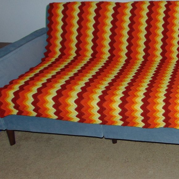 Vintage Crocheted Afghan, Ripple Chevron, Yellow/Orange/Rust, 45 x 84 - Picture 3 of 11